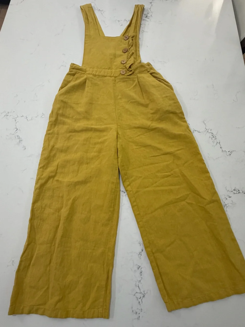 Zara Mustard Yellow Linen Blend Wide Leg Overalls Jumpsuit Sz M